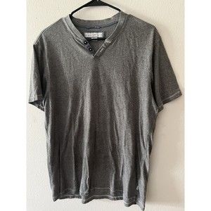 PD&C Men T-Shirt L Heather Dark Gray Henley Short Sleeve Pullover Casual Tee
